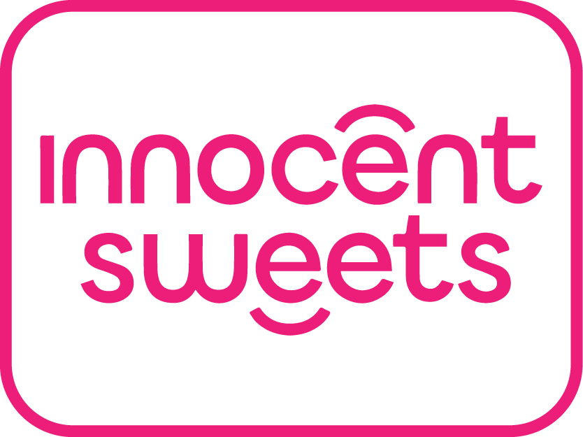 Innocent Sweets logo with pink text on a white background