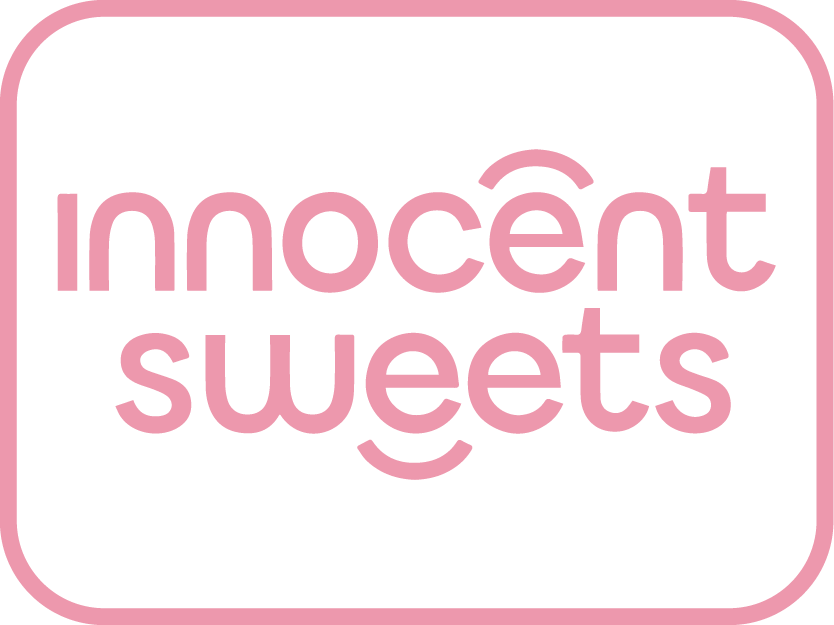 Pink 'innocent sweets' text on a white background